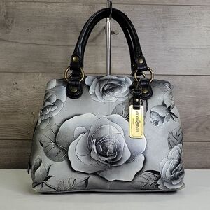 Anuschka Black and Gray Floral Leather Handbag